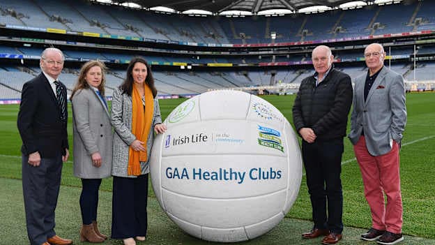 TILDA ambassadors, from left, Eamonn Rea, former Limerick Hurler, Claire Egan, former Mayo footballer, Maria Devenney, former Donegal footballer, Anthony Molloy, former Donegal footballer and Denis Coughlan, former Cork dual player, during the How to Age Well: GAA and TILDA Partnership launch at Croke Park in Dublin. 