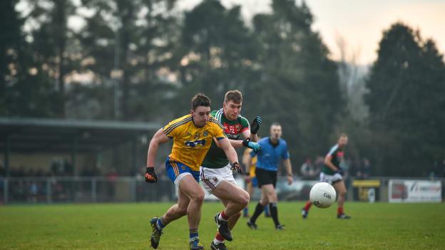 John McManus, Roscommon, and Conor O Shea, Mayo, during the Connacht FBD League clash at Kiltoom.