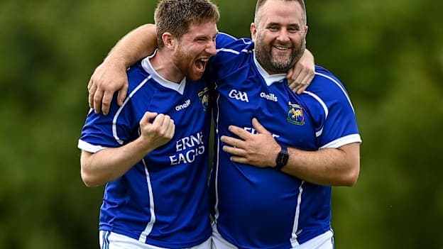 Darryl Dolan and Gerard Clerkin of Erne Eagles celebrate after the Mixed Senior Rounders Final 2020 match between Erne Eagles and Glynn Barntown at GAA centre of Excellence, National Sports Campus in Abbotstown, Dublin.