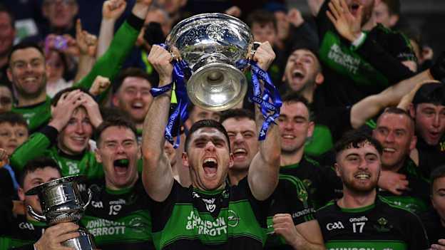 Nemo Rangers captain Luke Connolly lifting the cup after the 2022 Cork County Senior Club Football Championship Final match between Nemo Rangers and St Finbarr's at Páirc Ui Chaoimh in Cork.