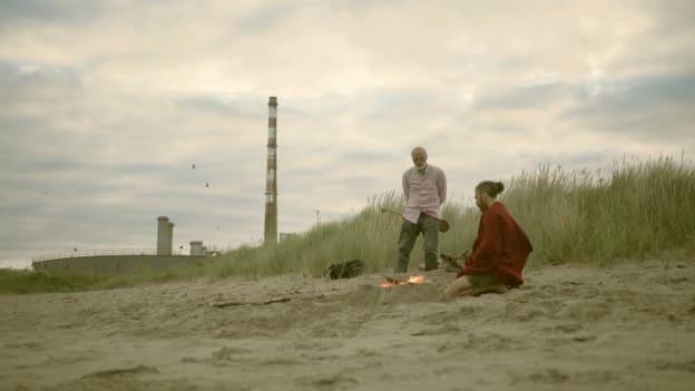 Kila lead singer, Rónán Ó Snodaigh, and former Wexford hurler, Diarmuid Lyng, pictured shooting the video for the song, 'Calling All Angels', on Dublin's Shelley Bank Beach. Photograph by Myles O'Reilly. 