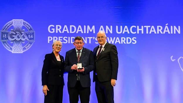 John McAndrew of St Michael’s GAA Club, Sligo, is presented with the Connacht Award by Maolmhuire Tynan, Head of Public Affairs AIB, and Uachtarán Chumann Lúthchleas Gael John Horan during the GAA President’s Awards at Croke Park in Dublin.