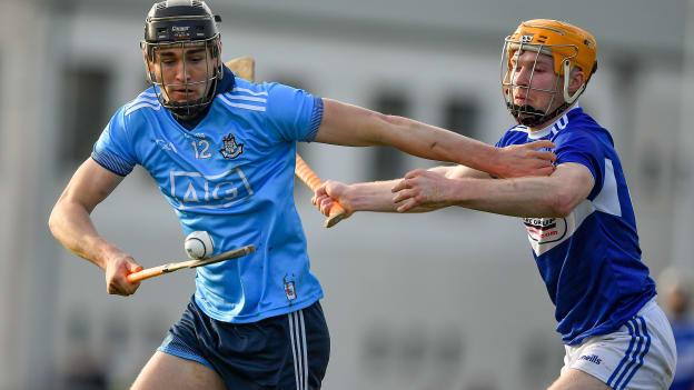 Ronan Hayes, Dublin, and Padraig Delaney, Laois, during the Allianz Hurling League encounter at Parnell Park.