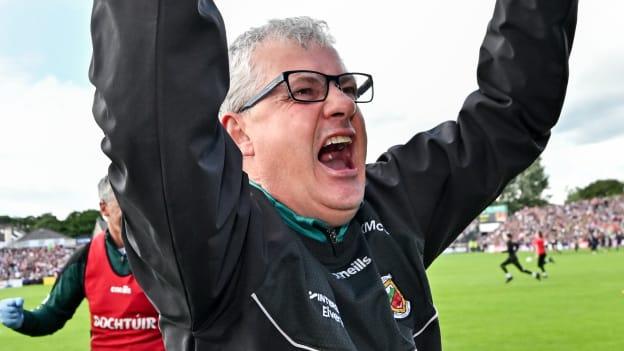 Mayo manager Kevin McStay celebrates at Pearse Stadium. Photo by Seb Daly/Sportsfile
