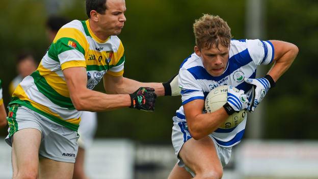Castlehaven's David Whelan is challenged by Carbery Rangers' Alan Jennings during Sunday's Cork SFC encounter at Clonakilty.