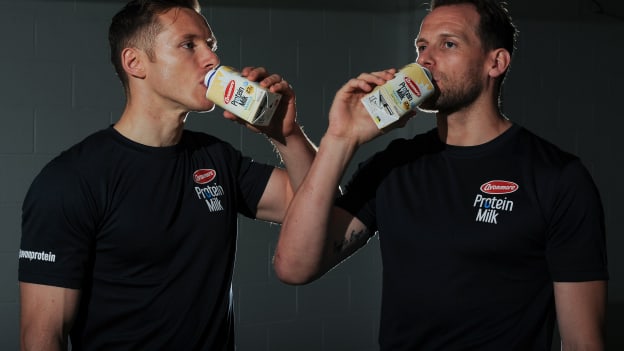 Paul Flynn and Jackie Tyrell pictured at the launch for  Avonmore Protein Milk Vanilla launch at Croke Park.