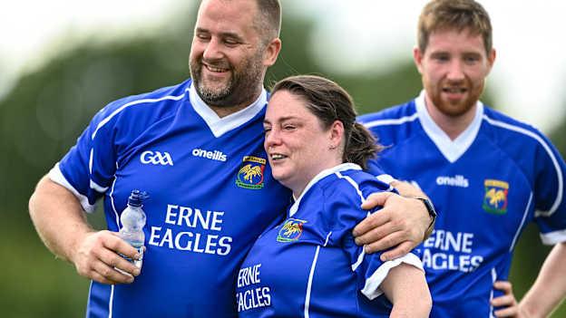 Gerard Clerkin and Margaret Brady of Erne Eagles embrace after the Mixed Senior Rounders Final 2020 match between Erne Eagles and Glynn Barntown at GAA centre of Excellence, National Sports Campus in Abbotstown, Dublin. 