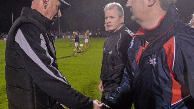 Brian Cody and Kieran Kingston shake hands following the 2016 Allianz Hurling League clash involving Cork and Kilkenny at Pairc Ui Rinn.
