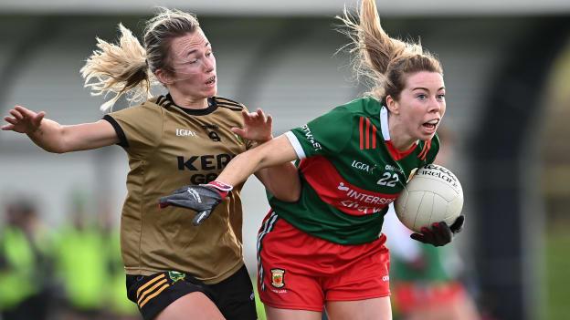 Sarah Tierney of Mayo in action against Niamh Carmody of Kerry during the 2023 Lidl Ladies National Football League Division 1 Round 2 match between Mayo and Kerry at the NUI Galway Connacht GAA Centre of Excellence in Bekan, Mayo. Photo by Piaras Ó Mídheach/Sportsfile
