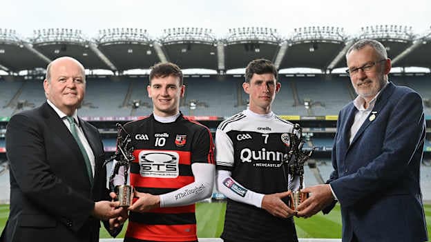 In attendance during the AIB GAA Club Players’ Awards 2021/22 are, from left, AIB Chief Executive Officer Colin Hunt, AIB GAA Club Hurler of the Year Dessie Hutchinson of Ballygunner, AIB GAA Club Footballer of the Year Eugene Branagan of Kilcoo and Uachtarán Chumann Lúthchleas Gael Larry McCarthy at Croke Park in Dublin. 