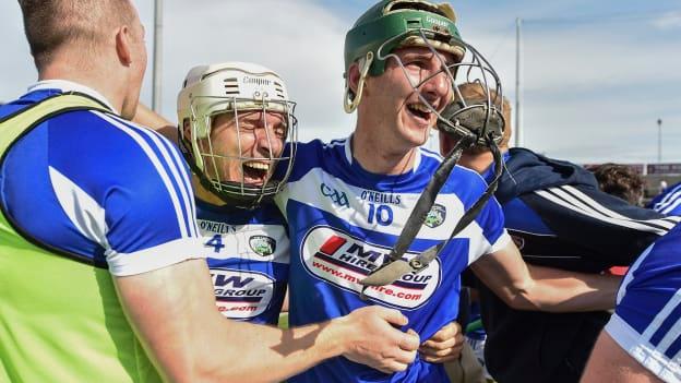 Joe Phelan and Aaron Dunphy celebrate following Laois' dramatic All Ireland SHC Preliminary Quarter-Final win over Dublin at O'Moore Park.