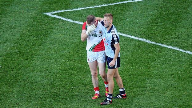 Former DCU colleagues Robert Hennelly, Mayo, and Jonny Cooper, Dublin, following the 2013 All Ireland SFC Final at Croke Park.
