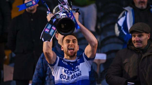 Kerins O’Rahilly's captain Ross O'Callaghan lifts the cup after his side's victory in the AIB Munster GAA Football Senior Club Championship Final match between Kerins O’Rahilly's of Kerry and Newcastle West of Limerick at Mallow GAA Sports Complex in Cork. 