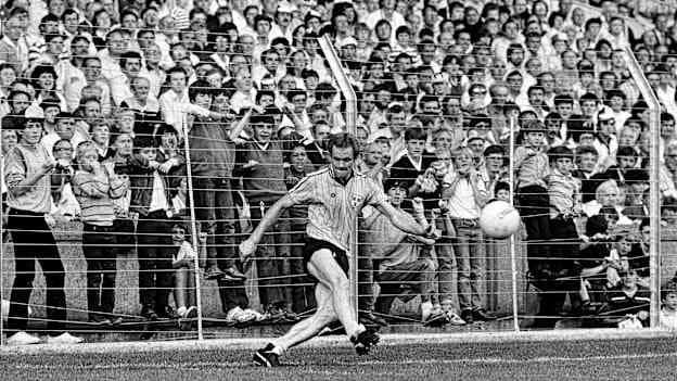 Barney Rock takes a sideline kick for Dublin against Cork in the 1983 All-Ireland SFC semi-final. 