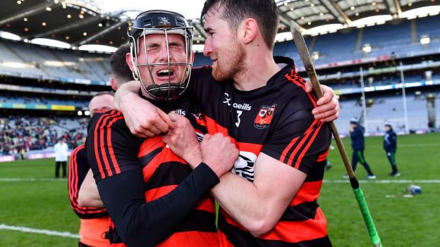 Harry Ruddle of Ballygunner, left, who scored the winning goal in injury-time celebrates with teammate Barry Coughlan after their side's victory in the 2022 AIB GAA Hurling All-Ireland Senior Club Championship Final match between Ballygunner, Waterford, and Shamrocks, Kilkenny, at Croke Park in Dublin.