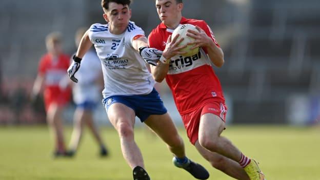 Johnny McGuckian, Derry, and Donnachadh Connolly, Monaghan, in Electric Ireland Ulster MFC Final action. Photo by Stephen Marken/Sportsfile