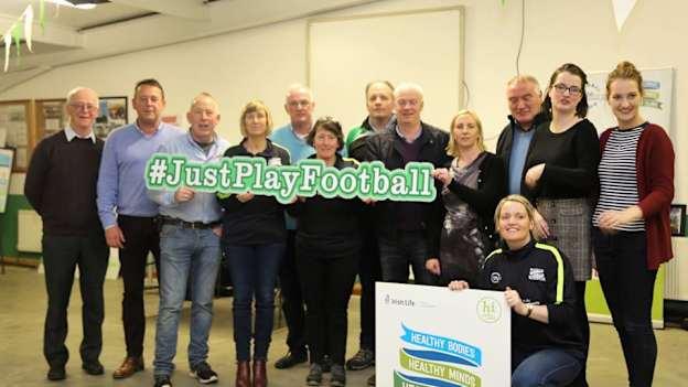 Killoe club-members (l to r) Colm Harte, Cllr Gerard Hagan, Gerry Rowley, Brid McGoldrick, James McGoldrick, Ann Harte, Robbie Browne, Turlough Farrelly, Yvonne Ni Thuahaill, Frank Kiernan, Maree Glancy, Emma Kiernan, and Claire Campbell pictured at the launch of the #JustPlayFootball videos.  