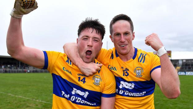 Clare's Keelan Sexton and Eoin Cleary celebrate at Cusack Park. Photo by Piaras Ó Mídheach/Sportsfile