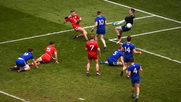 Niall Sludden drills the decisive goal for Tyrone in a tight All Ireland SFC Semi-Final against Monaghan at Croke Park.