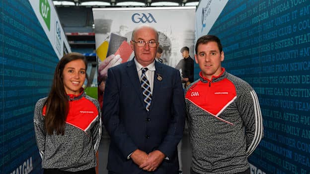 Uachtarán Chumann Lúthchleas Gael John Horan with Cork camogie player Julia White and former Clare hurler Colin Ryan at the GAA/PDST Future Leaders TY Programme Launch at Croke Park in Dublin. 
