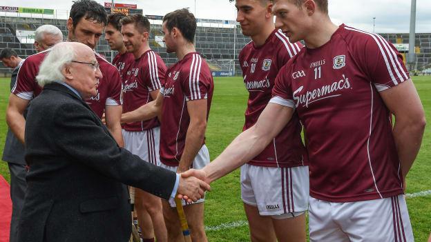 Joe Canning meeting President Michael D Higgins before the Allianz Hurling League Final against Tipperary at the Gaelic Grounds.