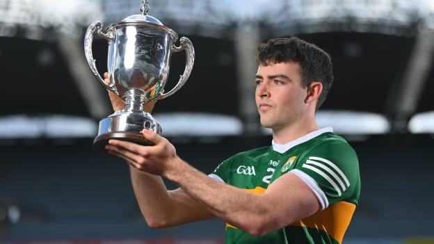 Kerry hurler Eric Leen pictured with the Joe McDonagh Cup. 