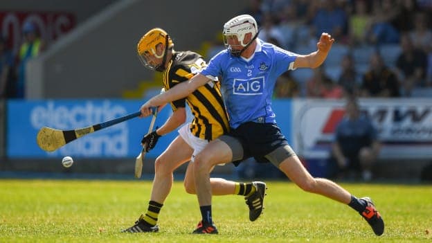 Killian Hogan, Kilkenny, and Kevin Byrne, Dublin, during the Electric Ireland Leinster Minor Final at O'Moore Park.