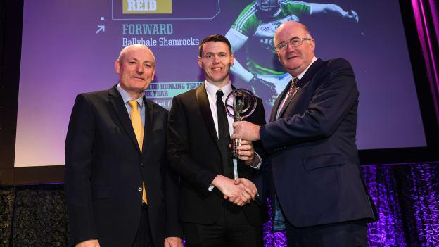 TJ Reid being presented with his Hurling Team of the Year Award by AIB Head of Retail Banking Denis O'Callaghan and Uachtarán Chumann Lúthchleas Gael John Horan in March.