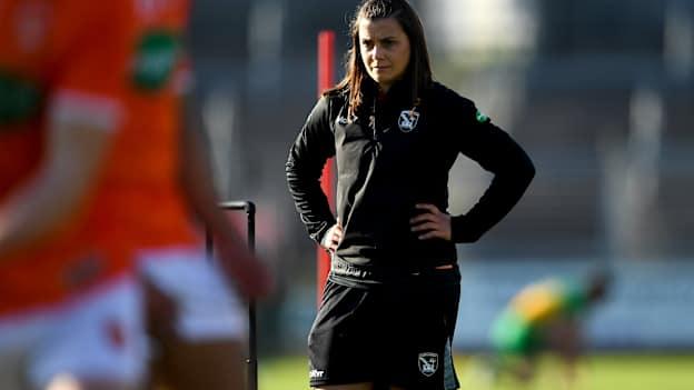 Armagh senior football strength and conditioning coach Julie Davis in the warm-up before the 2021 Allianz Football League Division 1 North Round 3 match between Armagh and Donegal at the Athletic Grounds in Armagh. 