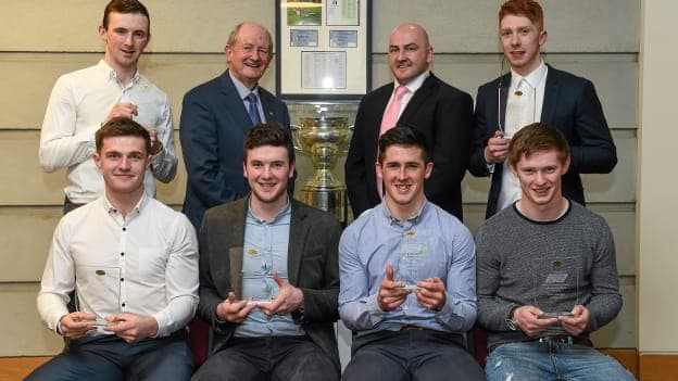 Francis O'Halloran and Eamonn Cregan were part of Mary I's winning Fitzgibbon Cup management in 2016. Pictured at the presentation of Hurling Rising Stars awards are back row: Richie English (Limerick) Cian Lynch (Limerick), from Limerick, along with manager Eamonn Cregan and coach Francis O'Halloran. Front row: Sean Linnane (Galway), Declan Hannon (Limerick), Darragh O'Donovan (Limerick), and John Meagher (Tipperary). Photo by Diarmuid Greene / Sportsfile.