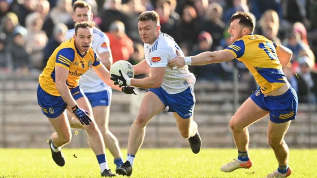 Conor McCarthy of Monaghan in action against Diarmuid Murtagh of Roscommon during the Allianz Football League Division 1 match between Monaghan and Roscommon at St Tiernach's Park in Clones, Monaghan.