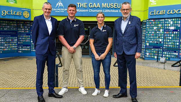 Joe Canning and Cora Staunton with Bord Gáis Energy Director of Energy, Marketing and Data Colin Bebbington, left, and Uachtarán Chumann Lúthchleas Gael Larry McCarthy at the launch of the Bord Gáis Energy GAA Legends Tour series at Croke Park.