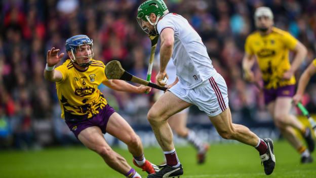 David Burke of Galway in action against Kevin Foley of Wexford during the Leinster GAA Hurling Senior Championship Round 3A match between Galway and Wexford at Pearse Stadium in Galway. 