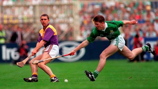 Larry O'Gorman of Wexford in action against Mark Foley of Limerick during the Guinness All-Ireland Senior Hurling Championship Final match between Wexford and Limerick at Croke Park in Dublin.