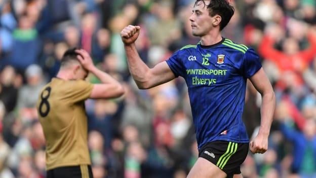 Diarmuid O'Connor celebrates scoring Mayo's second goal. 