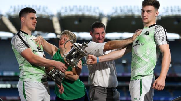 Current M Donnelly Poc Fada All Ireland champion Cillian Kiely, left, with his brother and 2019 Leinster champion, Cathal Kiely, and their parents Mary and Seamus Kiely.