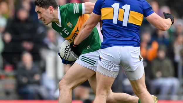 Paudie Clifford, Kerry, and Teddy Doyle, Tipperary, in Munster SFC action at Fitzgerald Stadium. Photo by Brendan Moran/Sportsfile
