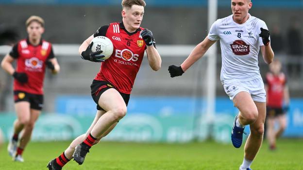 Odhran Murdock, Down, and Fionn Cooke, Kildare, in action during the Eirgrid GAA Football All-Ireland U20 Championship Semi-Final Photo by Stephen Marken/Sportsfile