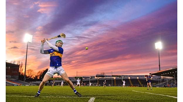 4 February 2023; Semple Stadium in all its splendour. Truly a Stadium of Light. Evenings like this are magic at the home of hurling where Tipperary goalkeeper Barry Hogan, focused on his puck-out technique, is in the zone – the twilight zone. Photo by Sam Barnes/Sportsfile. 