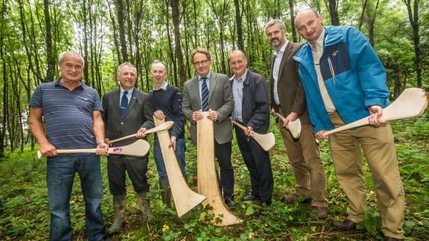 Pictured at the harvesting of hurley butts in Teagasc, Johnstown Castle in 2016 were (l to r) John Jordan, hurley maker; Prof Gerry Boyle, Director Teagasc; Rioch Fox, Farm Manager Johnstown Centre Teagasc; Pat Daly, Games Development Director GAA; Noel Culleton, retired researcher; Ger Shortle, Head Johnstown Centre Teagasc; Seamus Dunne, Senior Inspector Forest Service (DAFM). Photo Pat Moore.