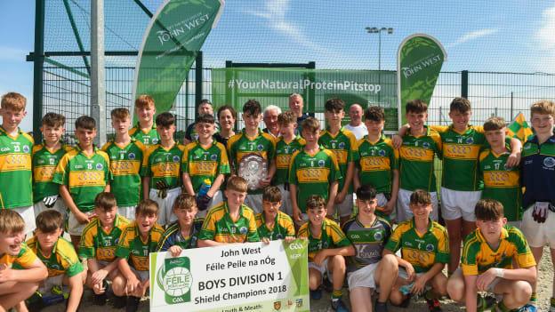 Claregalway players with the John West Féile Peil na nÓg Boys Division 1 Shield after victory over Clonduff GAC. 