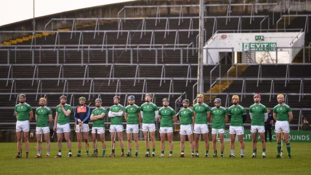 The Limerick team during the playing of the national anthem prior to the 2020 Allianz Hurling League Division 1 Group A Round 2 match between Limerick and Galway at LIT Gaelic Grounds in Limerick. 