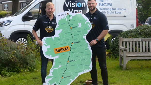Former Tipperary hurler, Peter Ryan, left, pictured at the launch of his Malin Head to Mizen Head run with Ireland rugby star Robbie Henshaw.