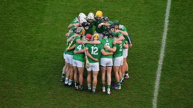 The Limerick team huddle ahead of the 2020 GAA Hurling All-Ireland Senior Championship Final match between Limerick and Waterford at Croke Park in Dublin. 