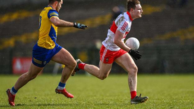 Ethan Doherty, Derry, and Ultan Harney, Roscommon, in Allianz Football League action. 