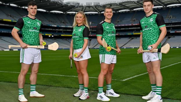 Pictured at the launch of the M. Donnelly GAA Poc Fada All-Ireland Finals in Croke Park, Dublin, are, from left, Kilcormac-Killoughey hurler Cillian Kiely, Antrim Camogie player Roisin McCormack, Kilkenny hurler Eoin Murphy and Kilcormac-Killoughey hurler Cathal Kiely.