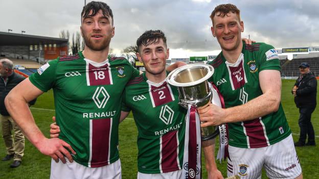 Johnny Bermingham, 18, Darragh Egerton and Niall Mitchell, right, of Westmeath celebrate after the Allianz Hurling League Division 2A Final match between Down and Westmeath at FBD Semple Stadium in Thurles, Tipperary. 