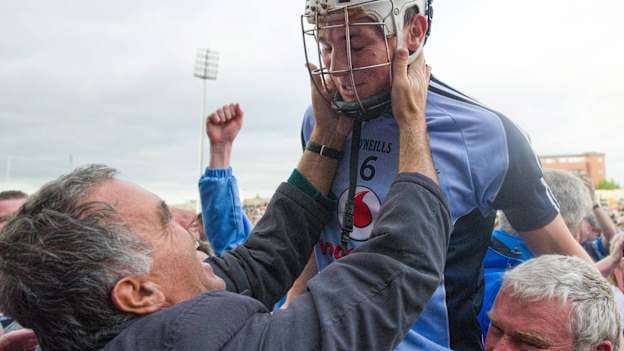 Former Dublin manager Humphrey Kelleher celebrates with Liam Rushe after Dublin's Leinster semi-final replay win over Kilkenny in 2013.