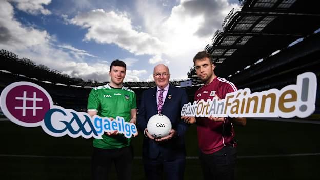 Uachtarán Chumann Lúthchleas Gael John Horan with Limerick hurler Declan Hannon, left, and Galway footballer Paul Conroy, right, during the Do Chlub, Do Chontae – Cuir Ort An Fáinne photocall at Croke Park in Dublin. 