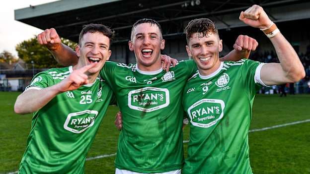 Kilmallock players Killian Hayes, Robbie Hanley and Aaron Costello celebrate after their side's victory in the Limerick County Senior Club Hurling Championship Final match between Kilmallock and Patrickswell at TUS Gaelic Grounds in Limerick